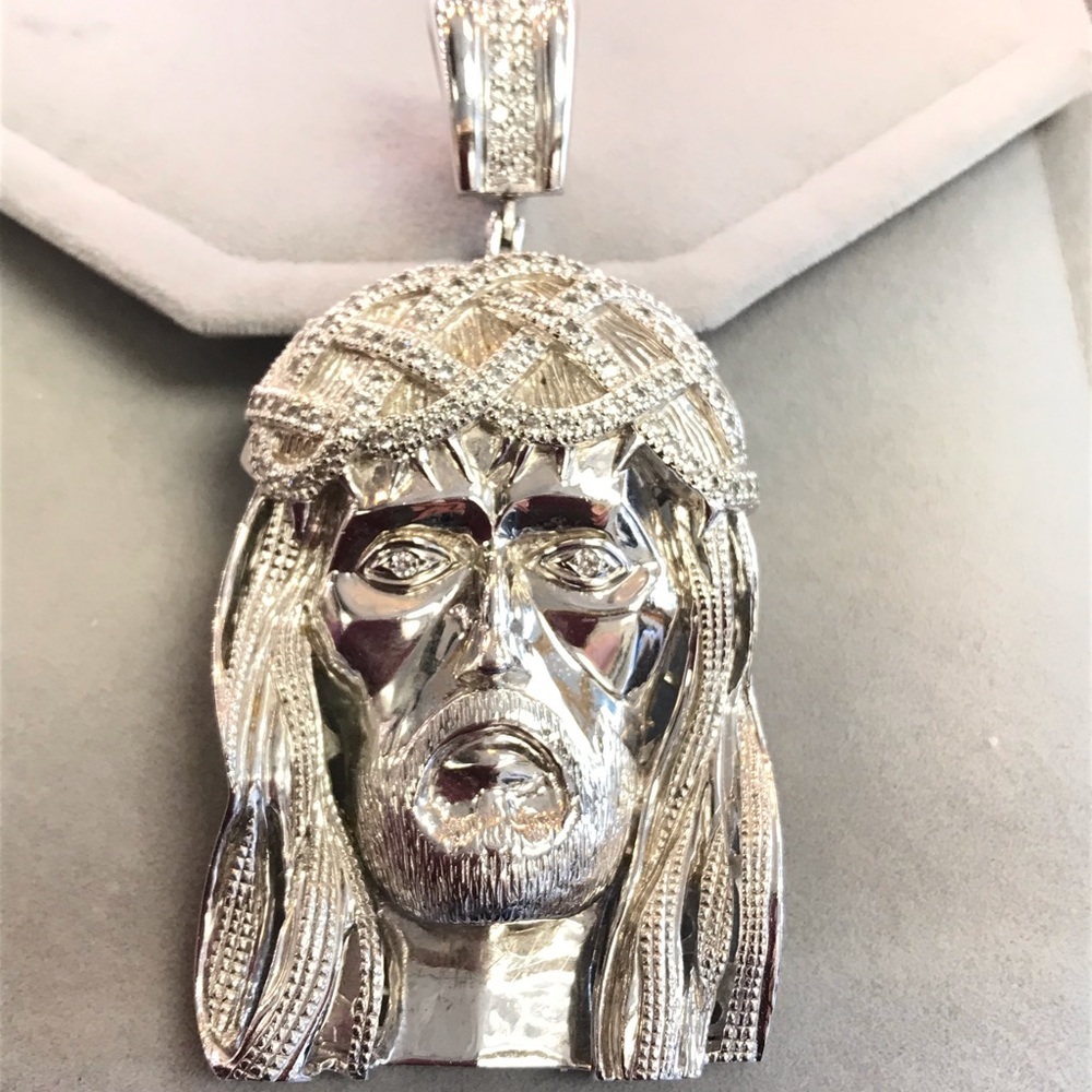 Custom Sterling Silver and CZ large Jesus Pendant